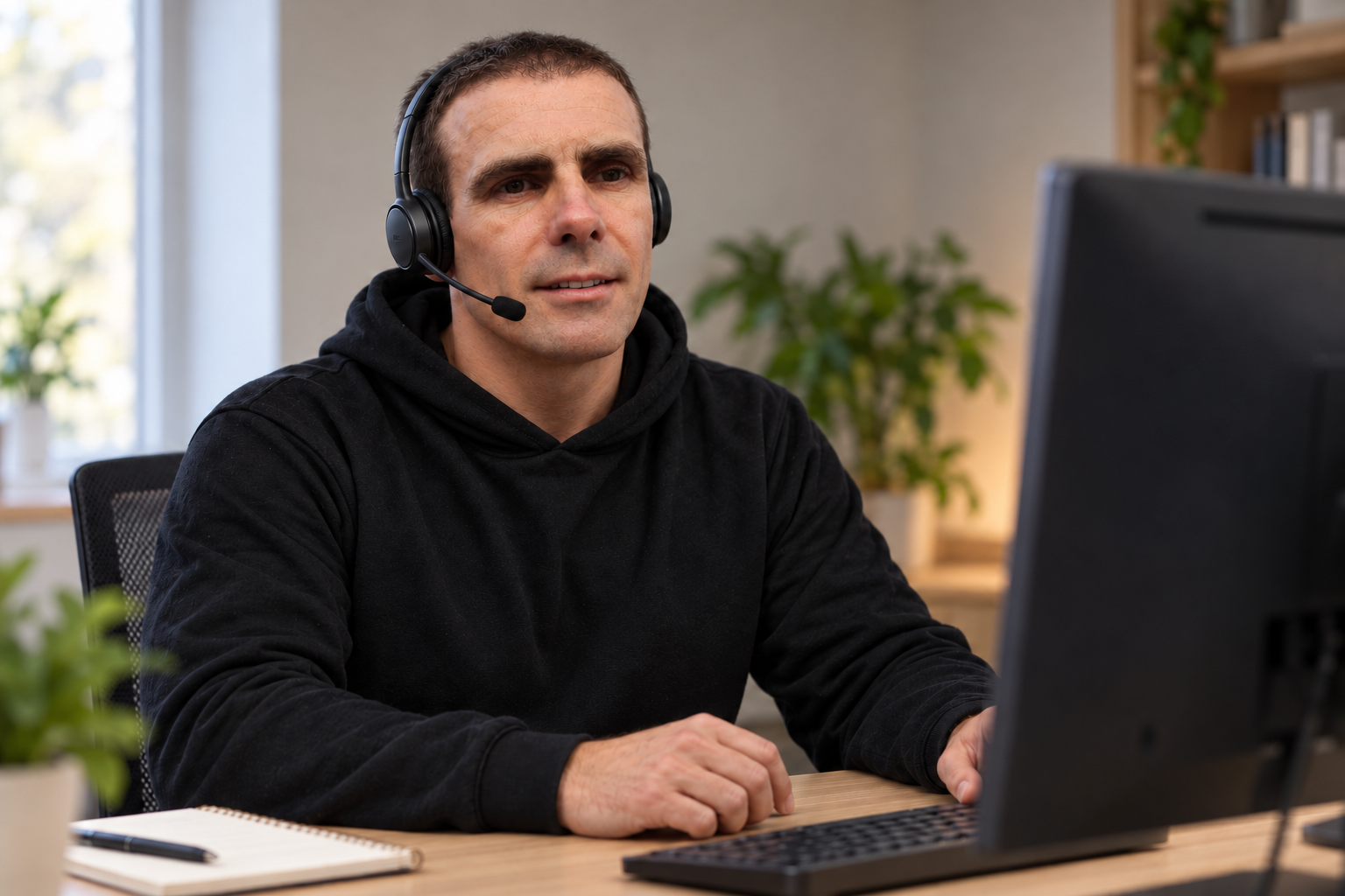 Mark wearing a headset at his computer during a client call